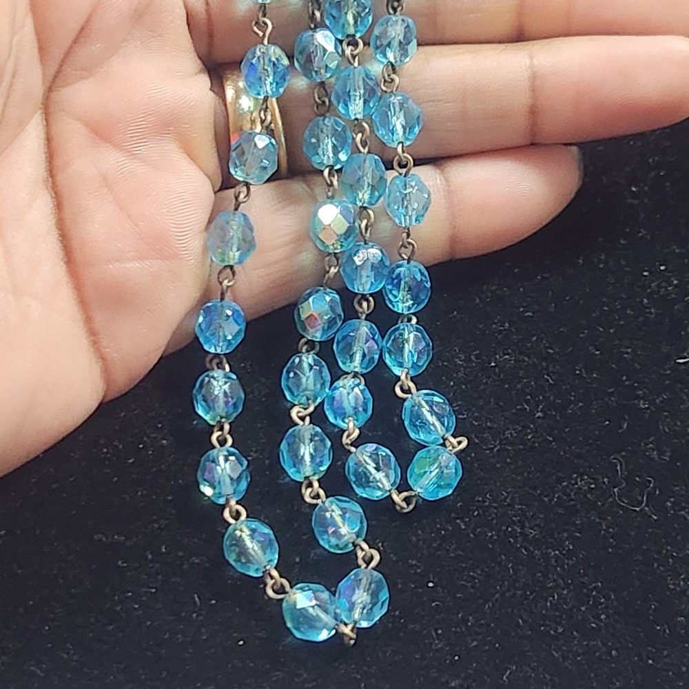 Vintage Aqua Blue AB Glass Bead Station Necklace Brass Tone‎ Rosary Style Chain